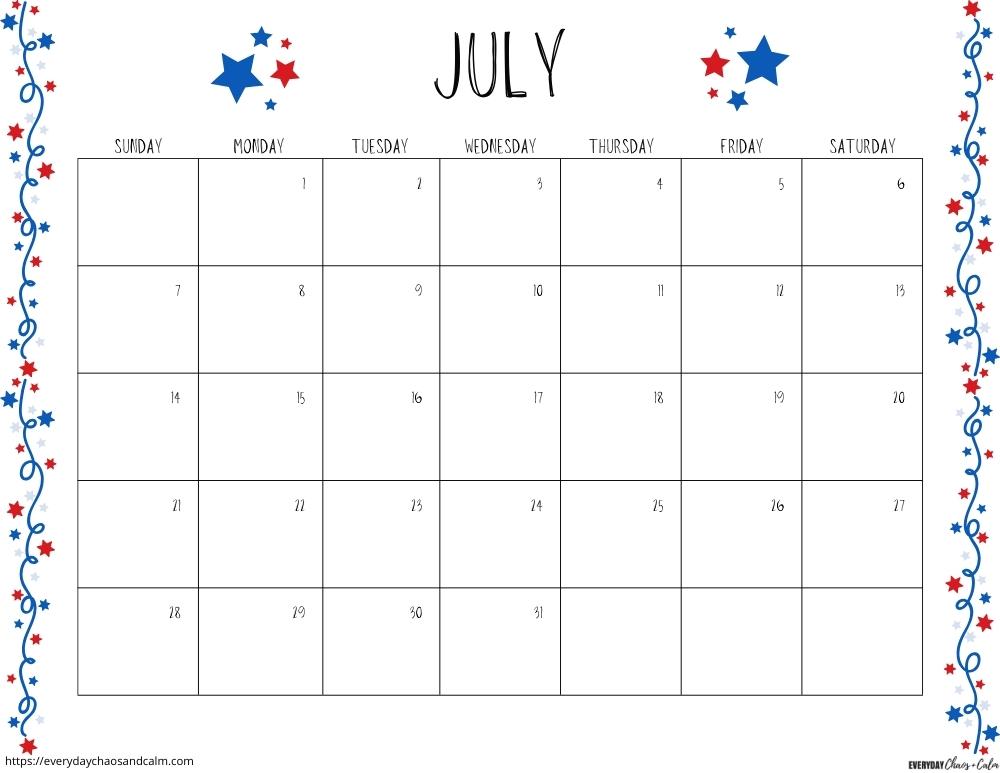 printable July 2024 calendar- sunday start