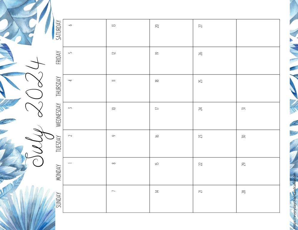 vertical printable July 2024 calendar- sunday start