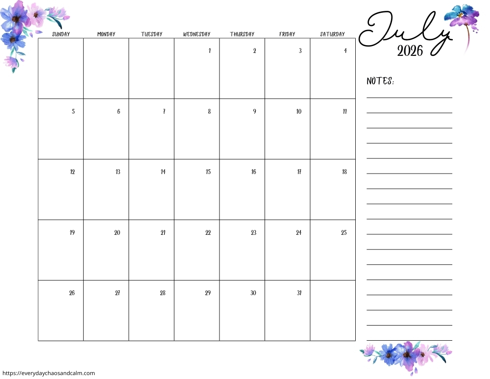 printable July 2026 calendar- sunday start