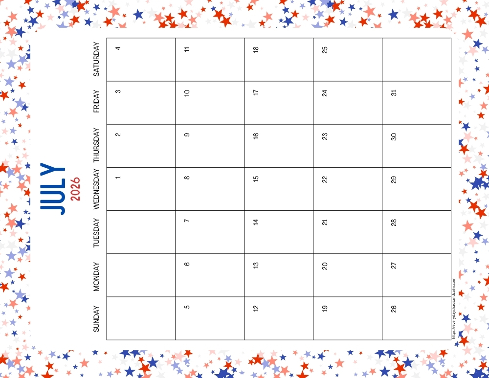 vertical printable July 2026 calendar- sunday start