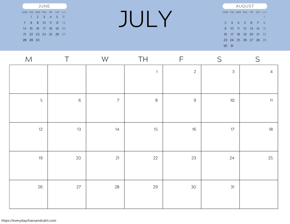 printable July 2027 calendar- monday start