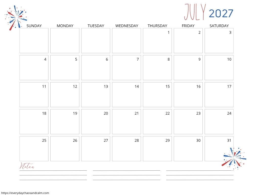 printable July 2027 calendar- sunday start