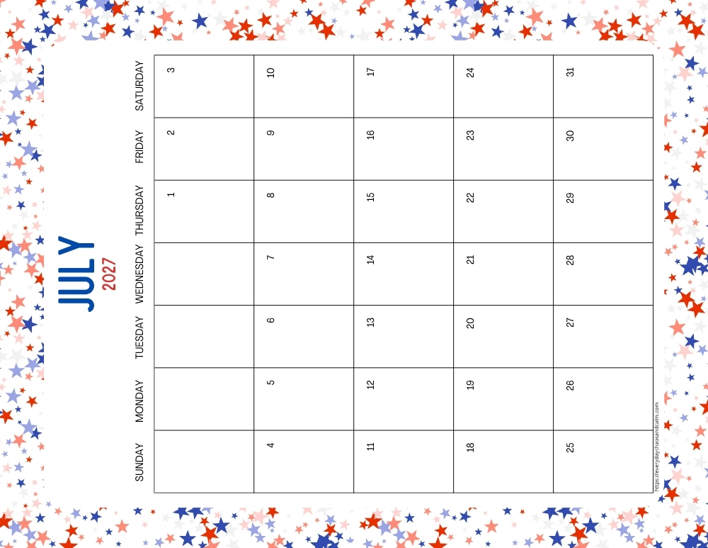 vertical printable July 2027 calendar- sunday start