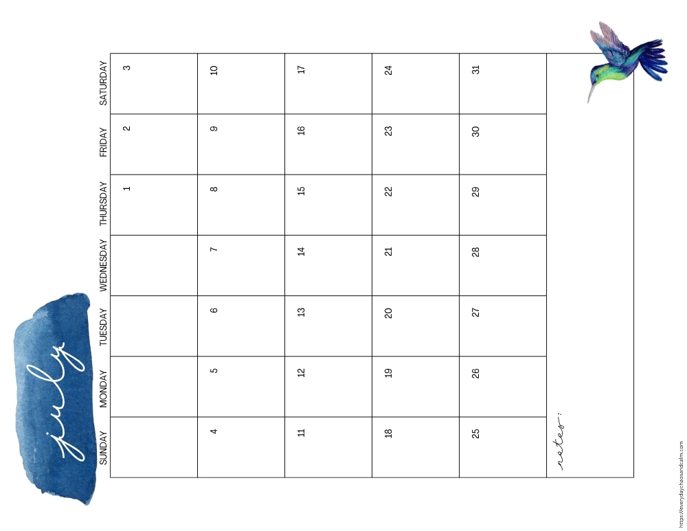 vertical printable July 2027 calendar- sunday start