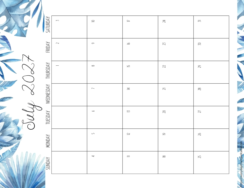 vertical printable July 2027 calendar- sunday start