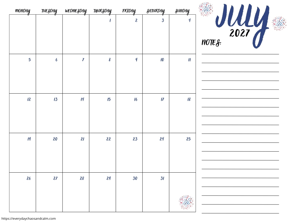 printable July 2027 calendar- monday start
