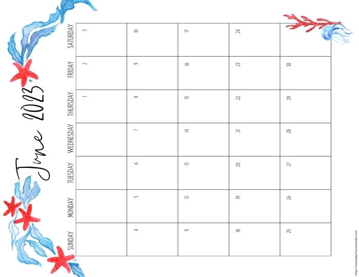 vertical printable June 2023 calendar- sunday start