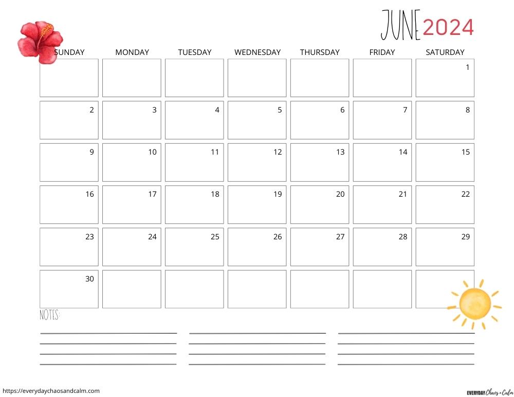 printable June 2024 calendar- sunday start