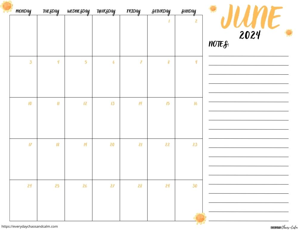 printable June 2024 calendar- monday start