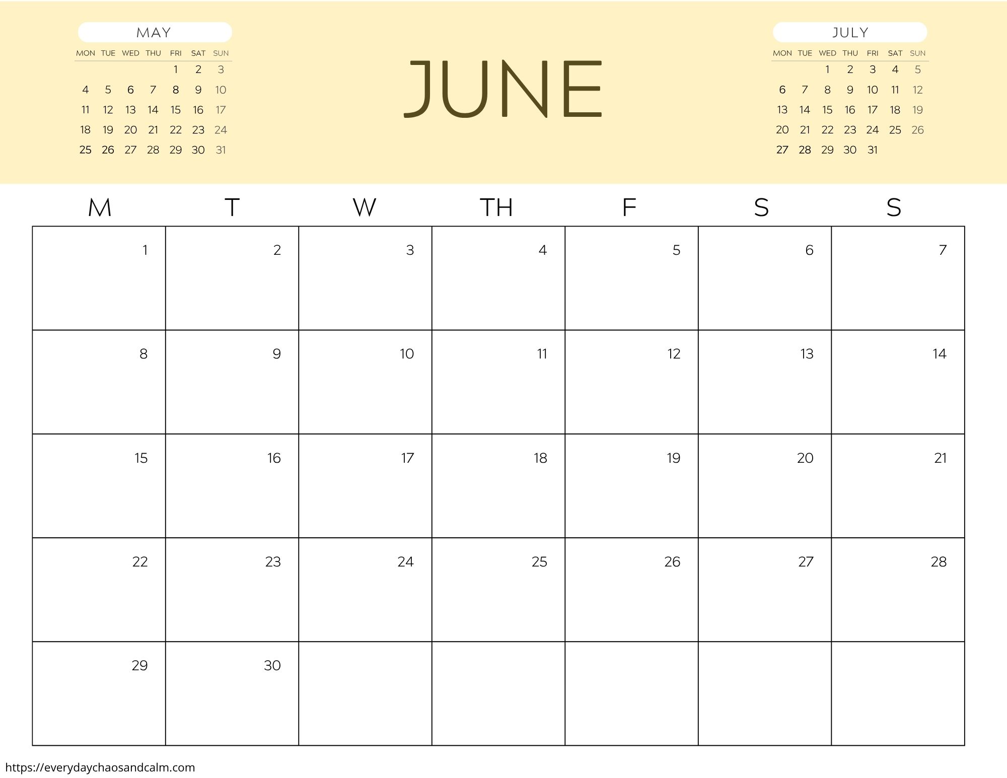 printable June 2026 calendar- monday start