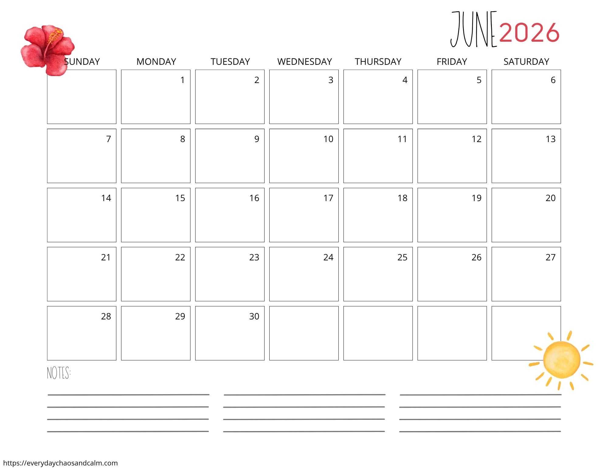 printable June 2026 calendar- sunday start