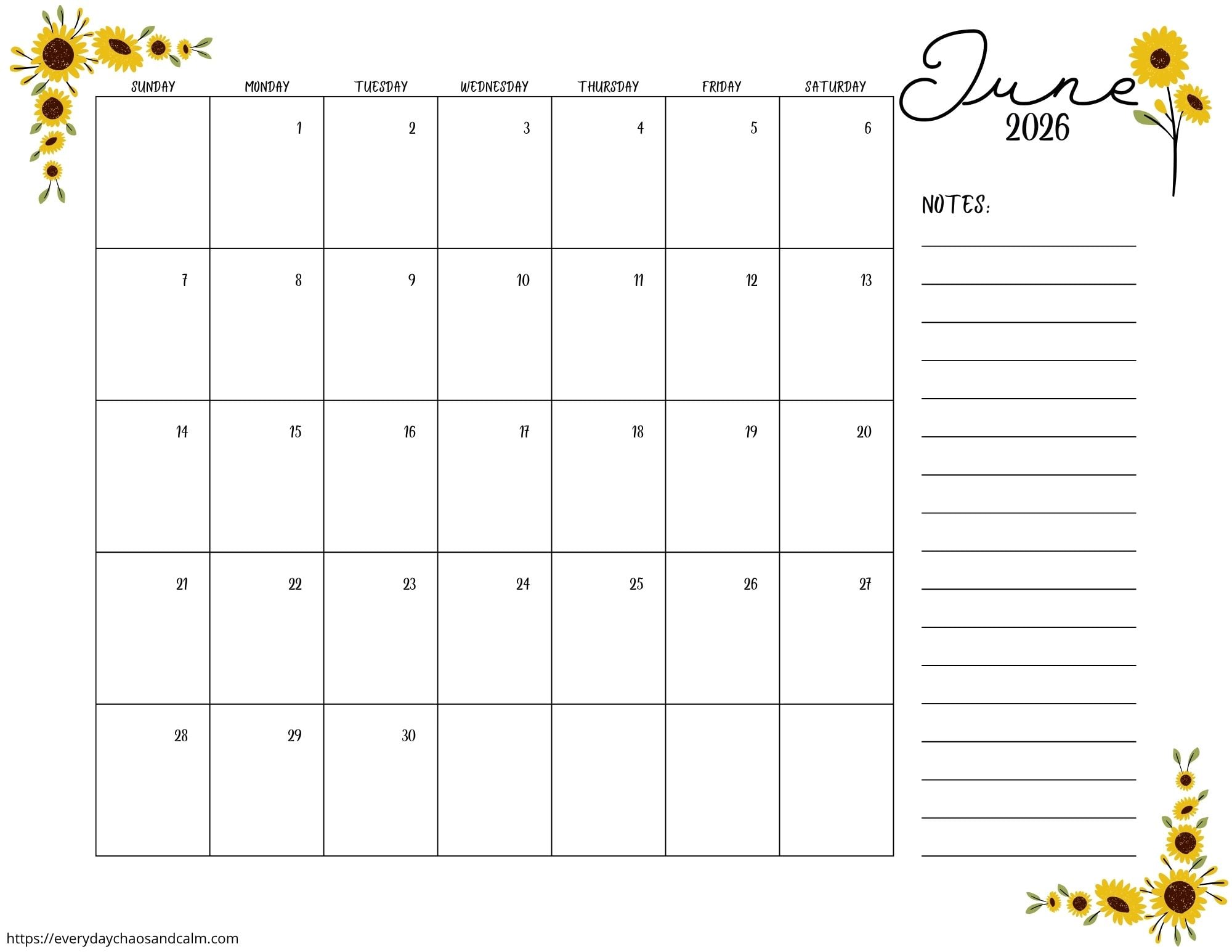 printable June 2026 calendar- sunday start