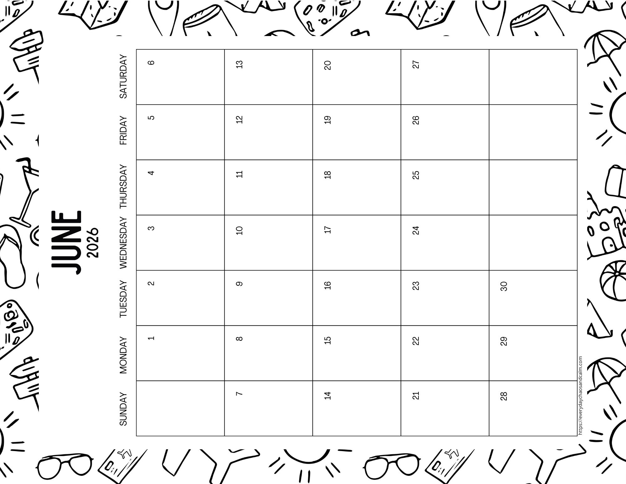 vertical printable June 2026 calendar- sunday start