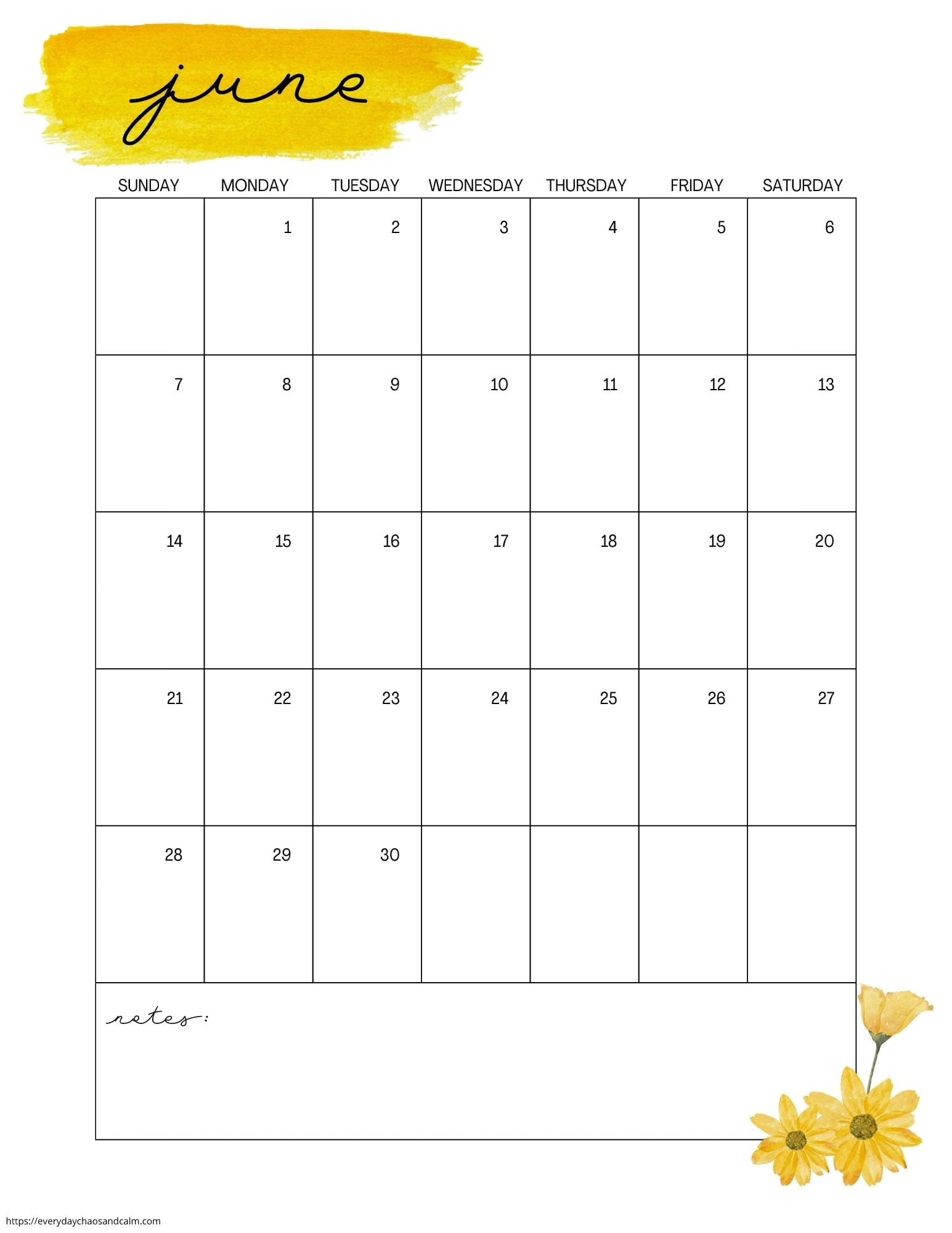 vertical printable June 2026 calendar- sunday start