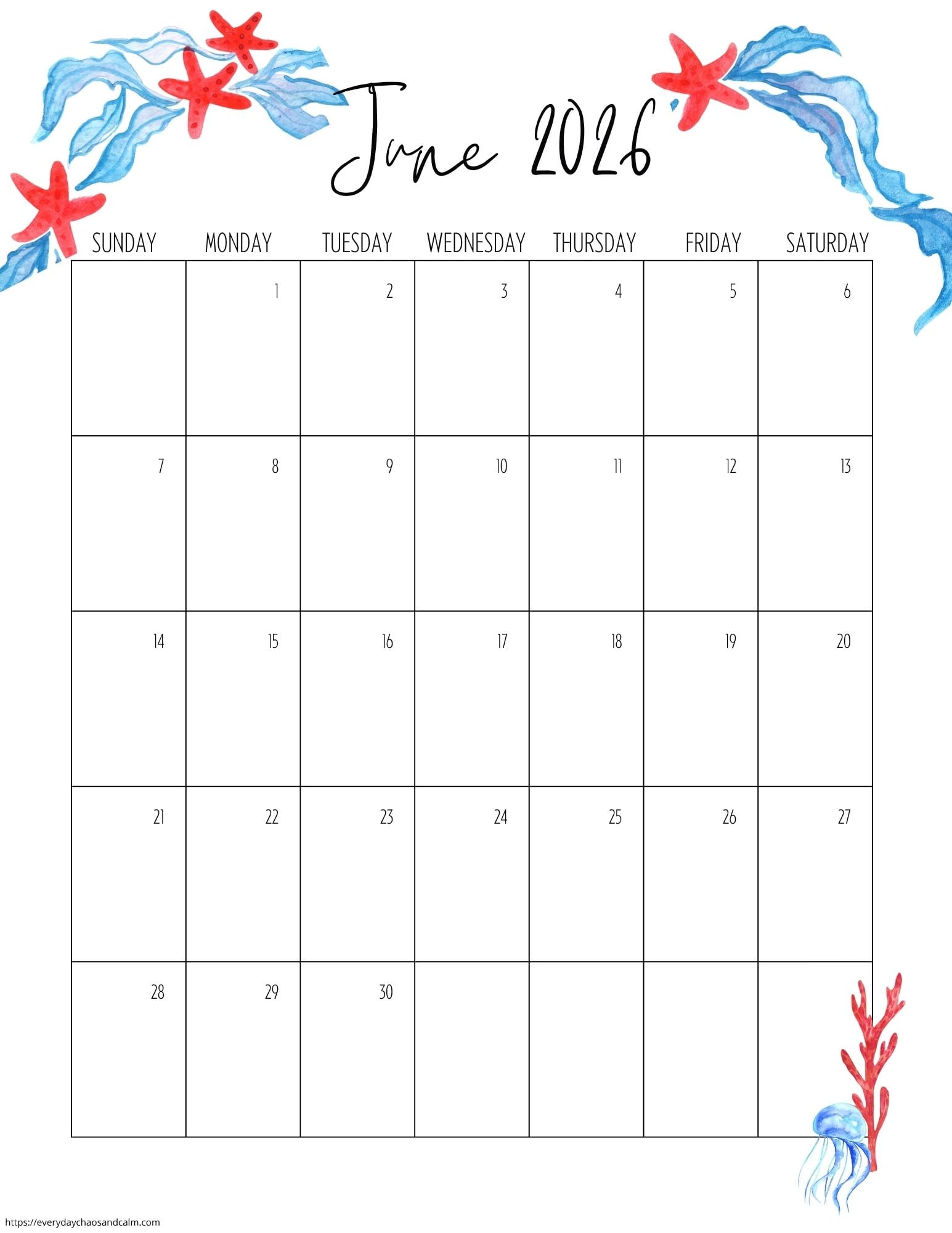 vertical printable June 2026 calendar- sunday start