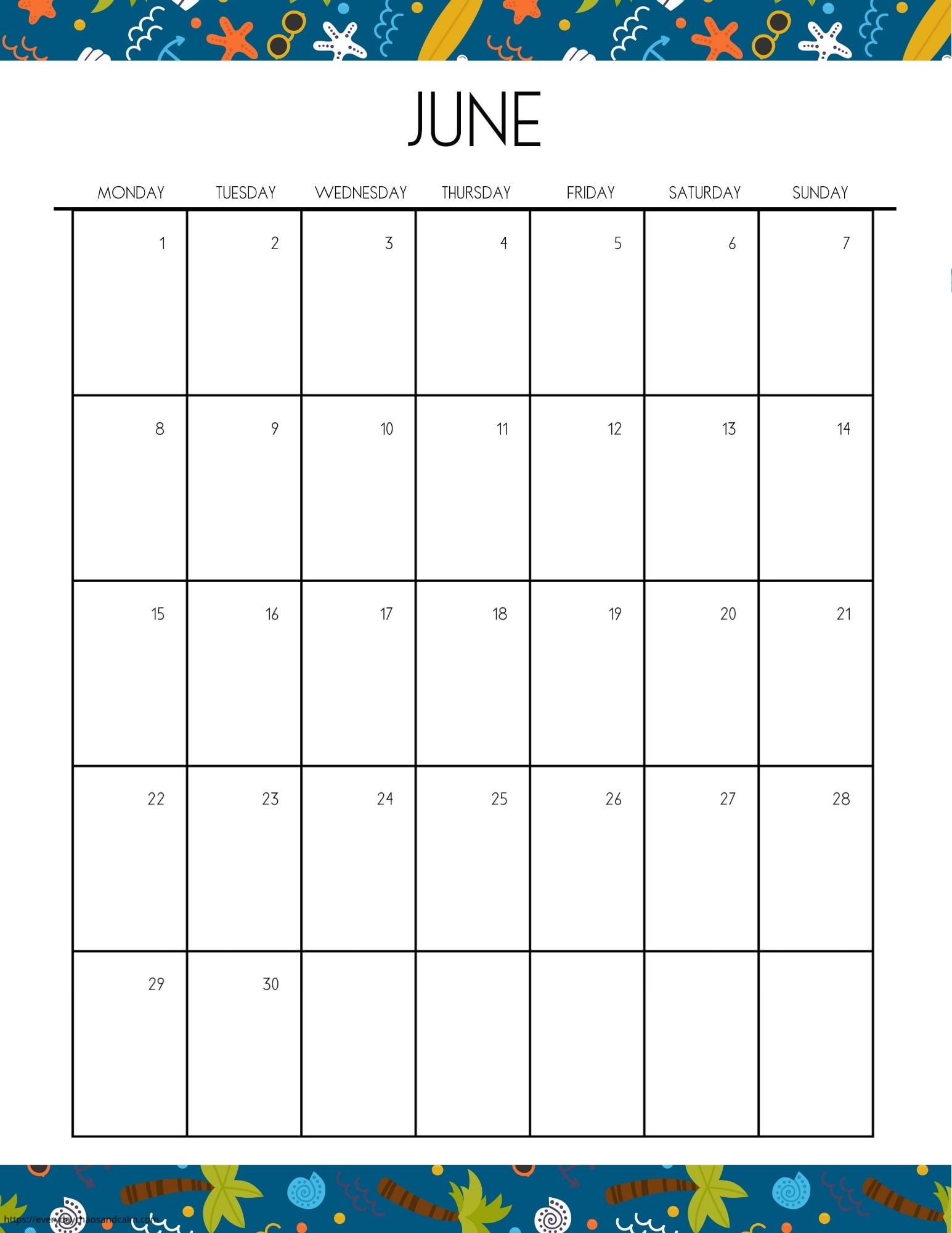 vertical printable June 2026 calendar- monday start