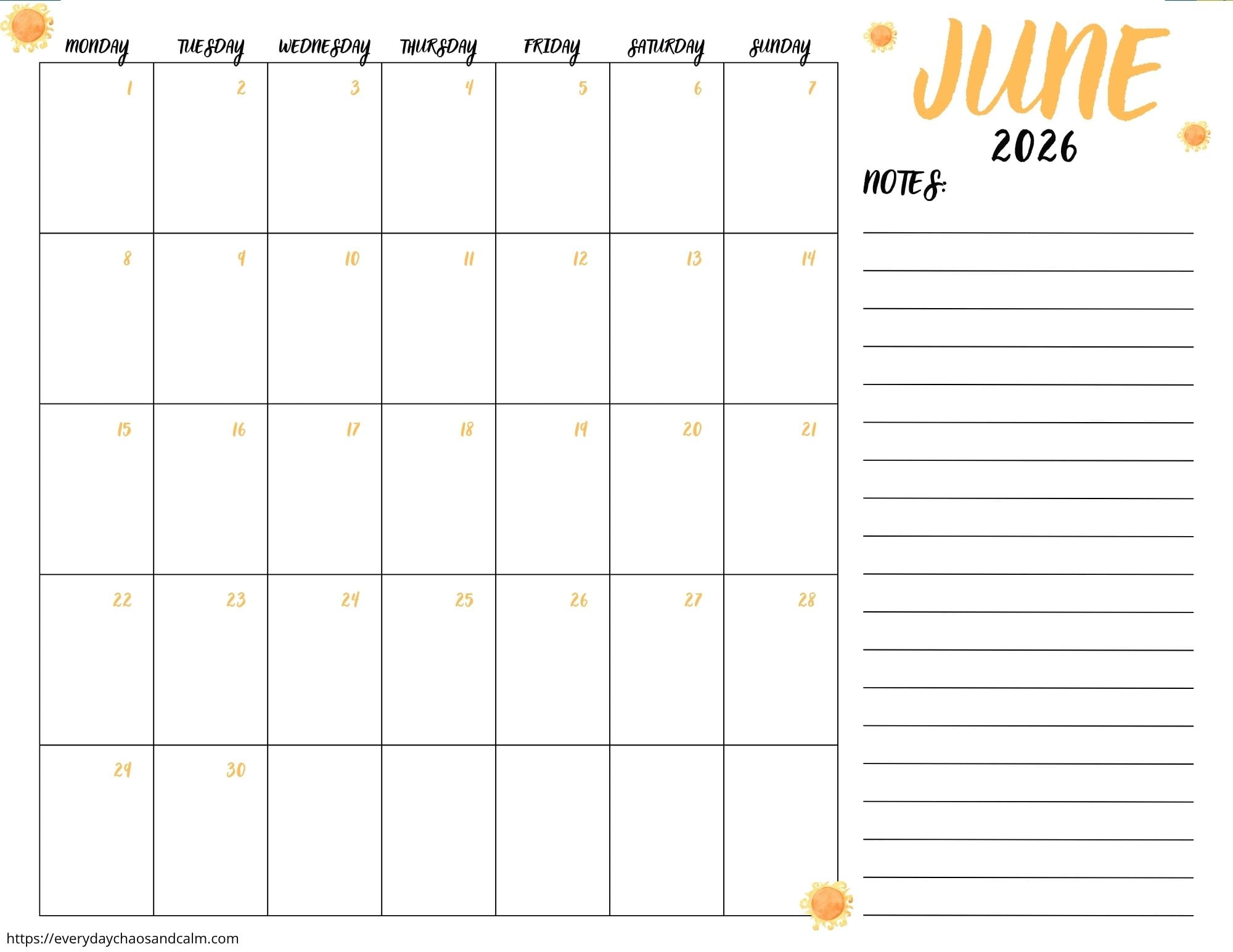 printable June 2026 calendar- monday start