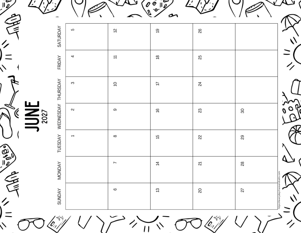 vertical printable June 2027 calendar- sunday start