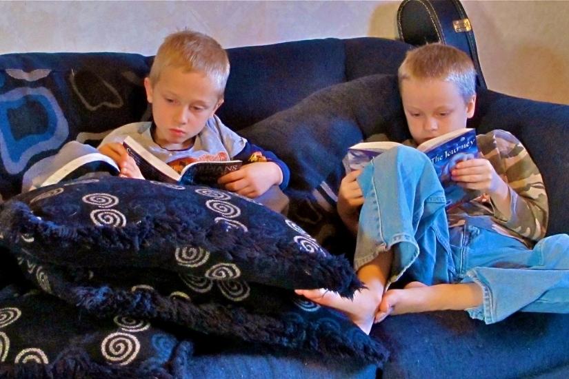 2 young boys sitting on a couch reading chapter books