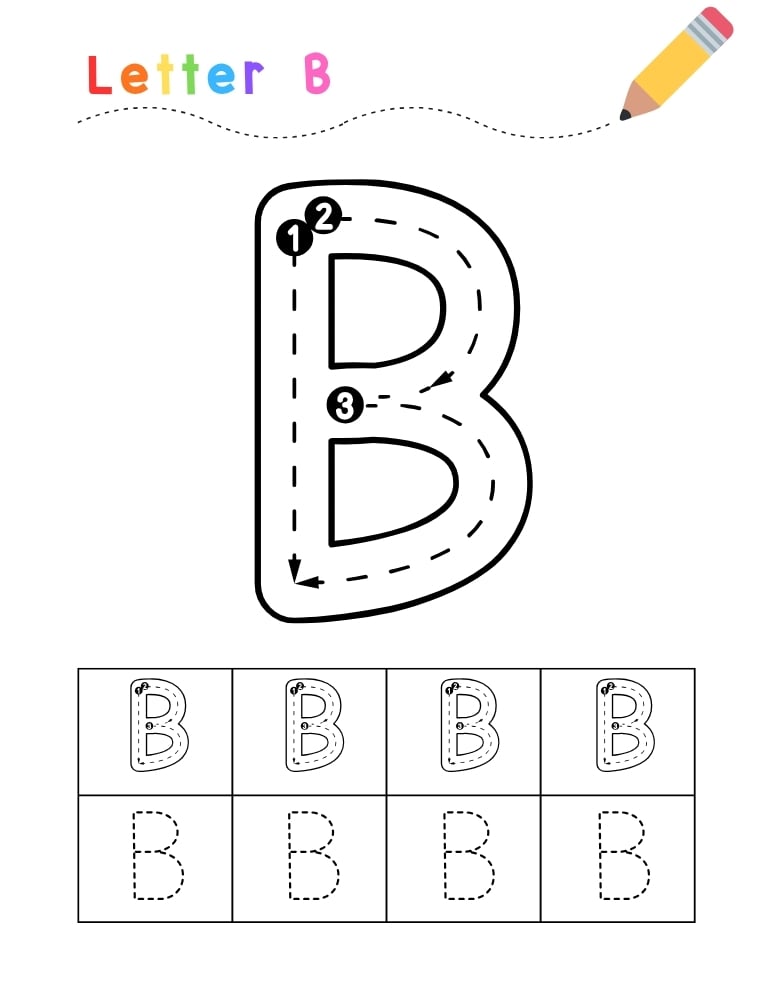 letter B tracing worksheet, education printable, PDF, instant download, kids