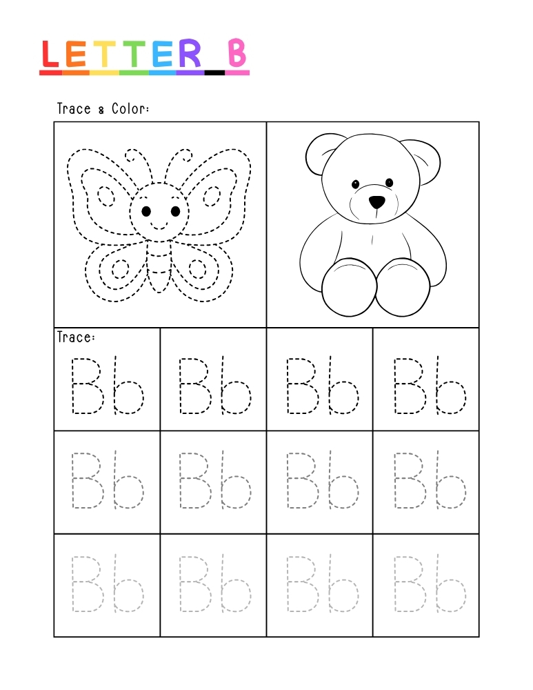 letter B tracing worksheet, education printable, PDF, instant download, kids