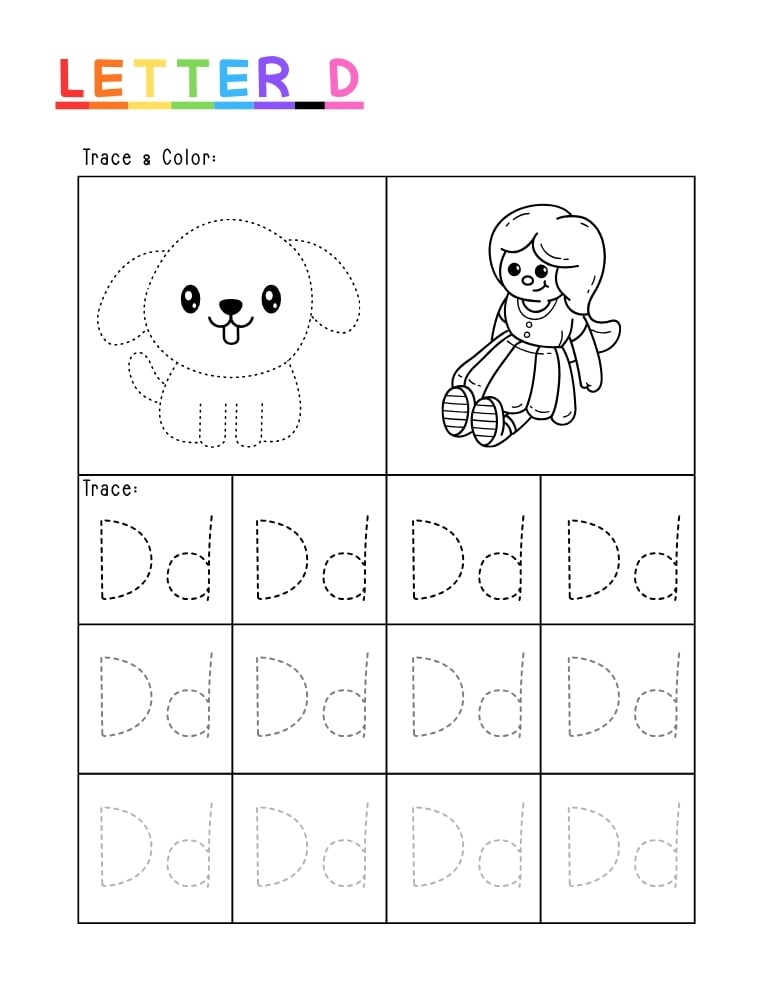 letter D tracing worksheet, education printable, PDF, instant download, kids