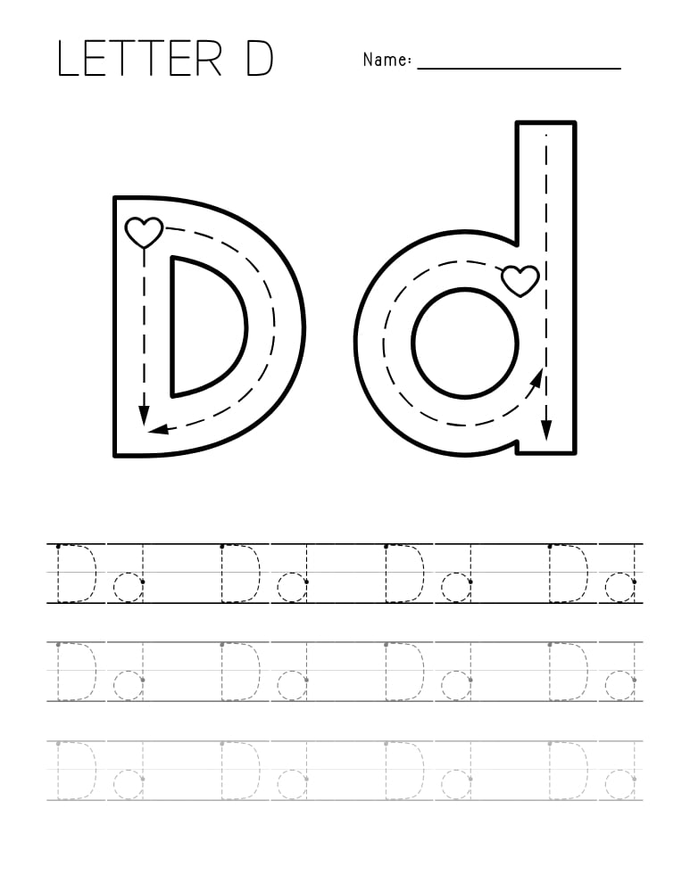 letter D tracing worksheet, education printable, PDF, instant download, kids