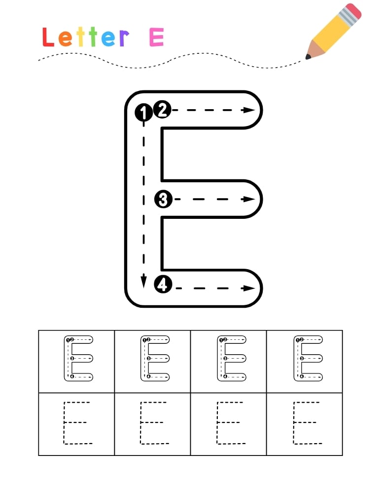 letter E tracing worksheet, education printable, PDF, instant download, kids