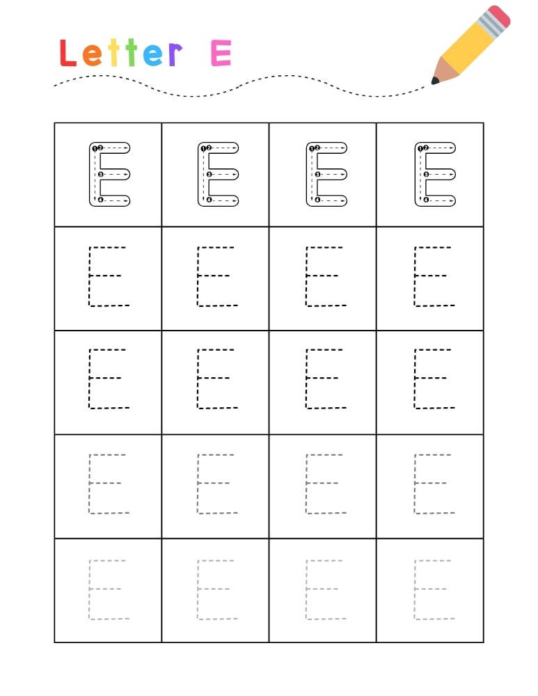 letter E tracing worksheet, education printable, PDF, instant download, kids