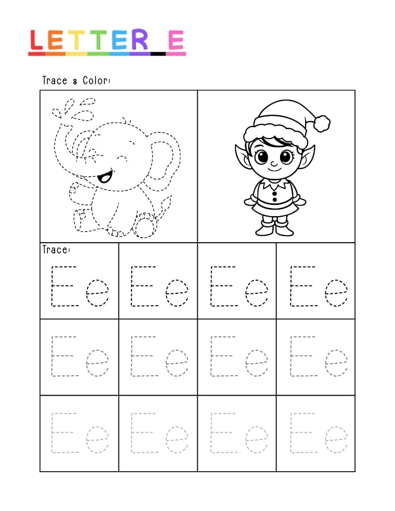 letter E tracing worksheet, education printable, PDF, instant download, kids