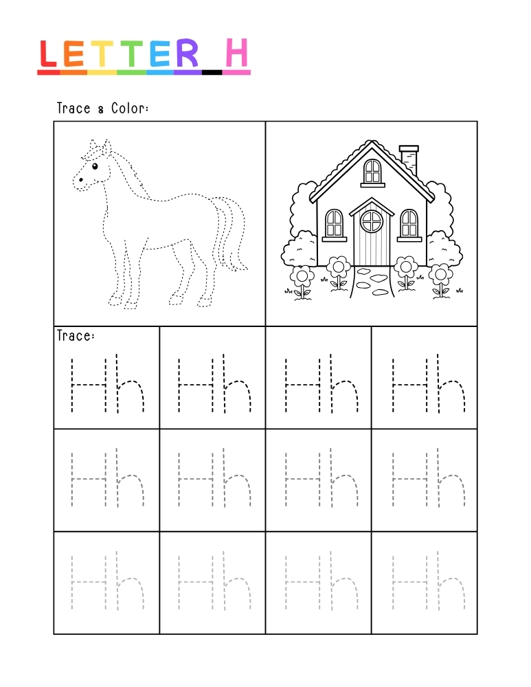 letter H tracing worksheet, education printable, PDF, instant download, kids