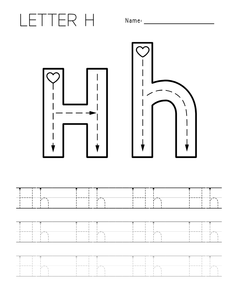 letter H tracing worksheet, education printable, PDF, instant download, kids