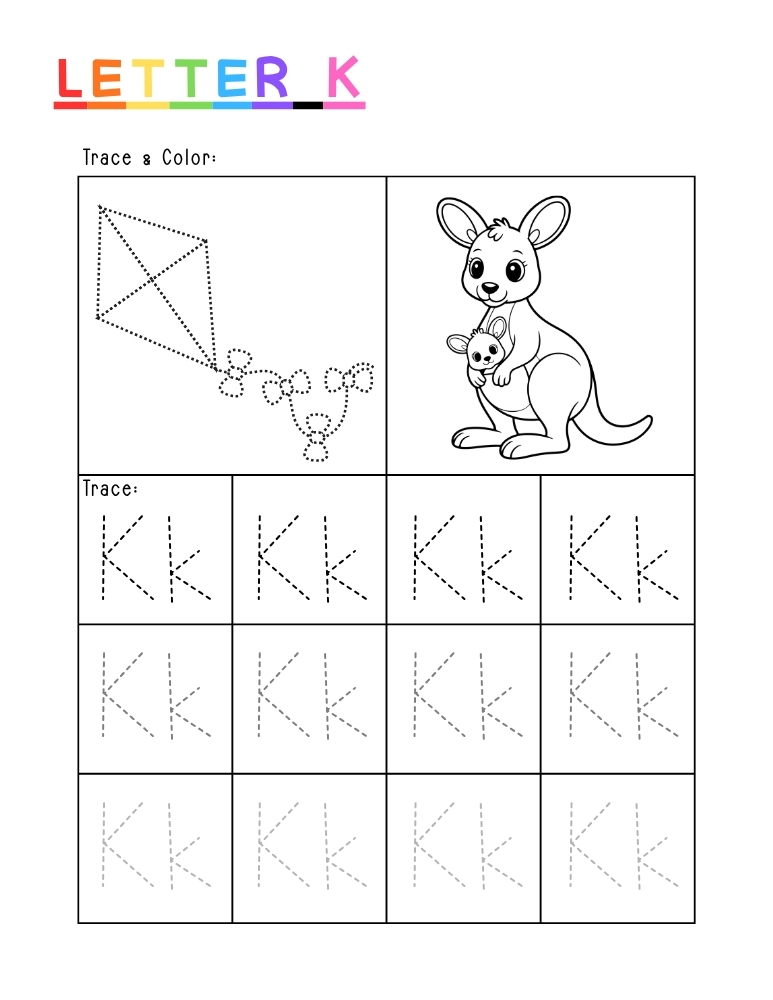 letter K tracing worksheet, education printable, PDF, instant download, kids