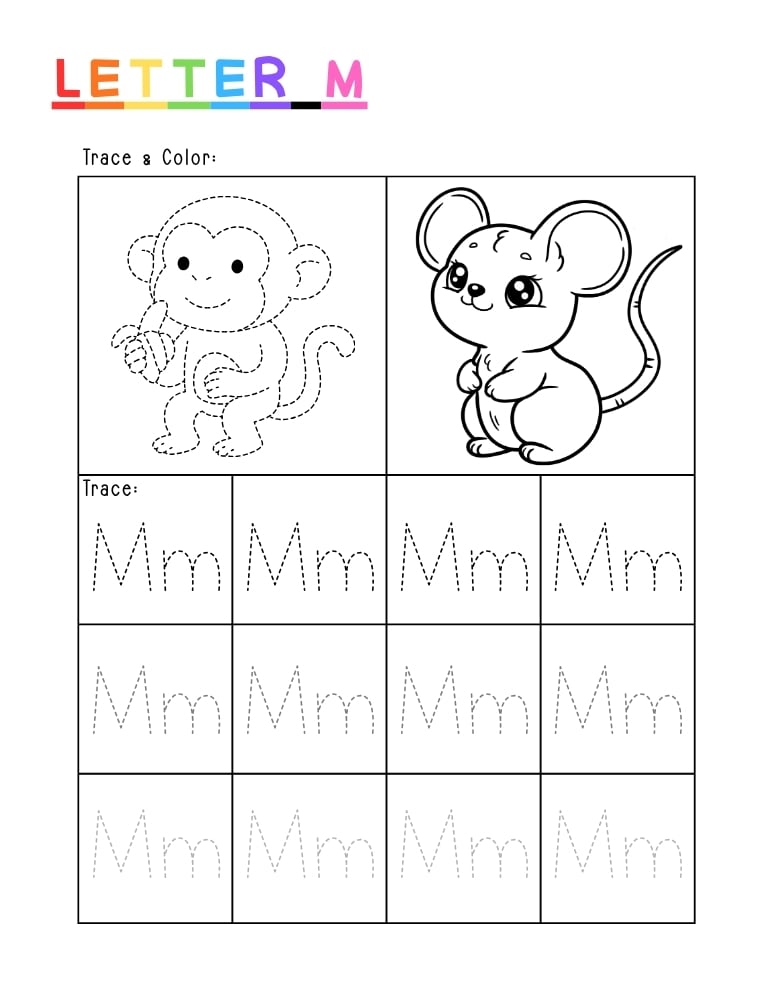 letter M tracing worksheet, education printable, PDF, instant download, kids