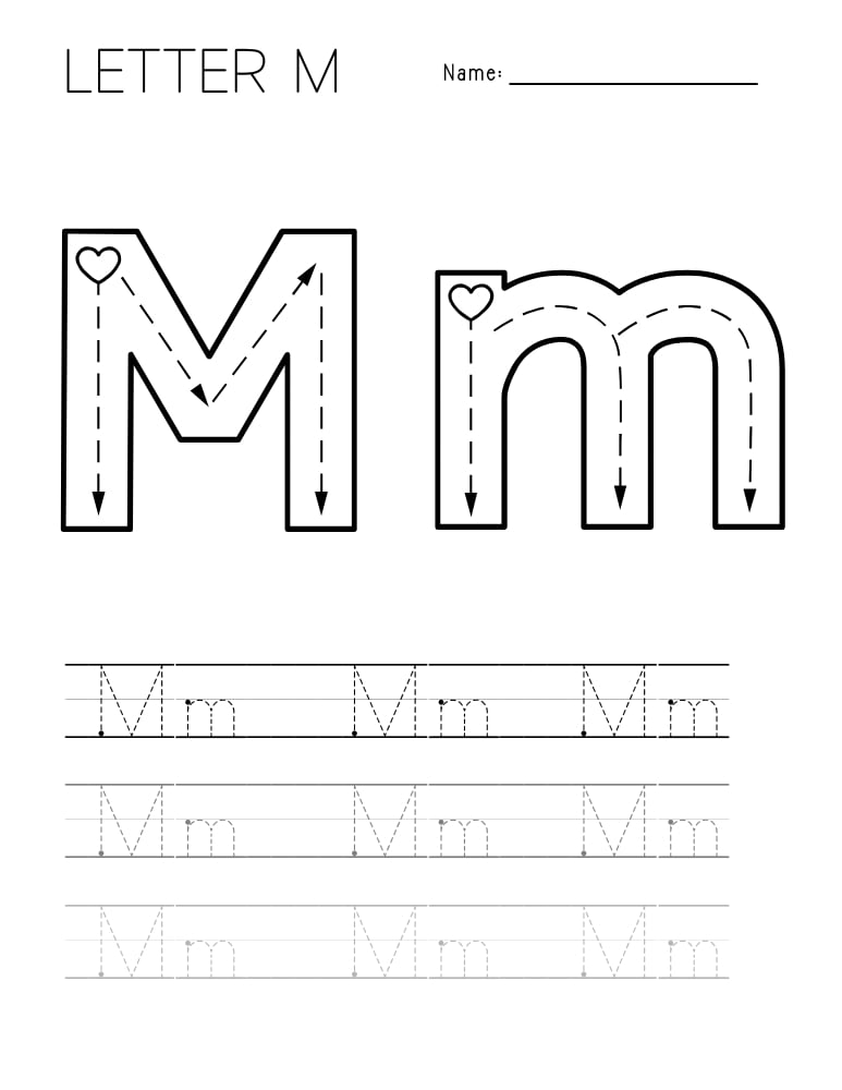 letter M tracing worksheet, education printable, PDF, instant download, kids