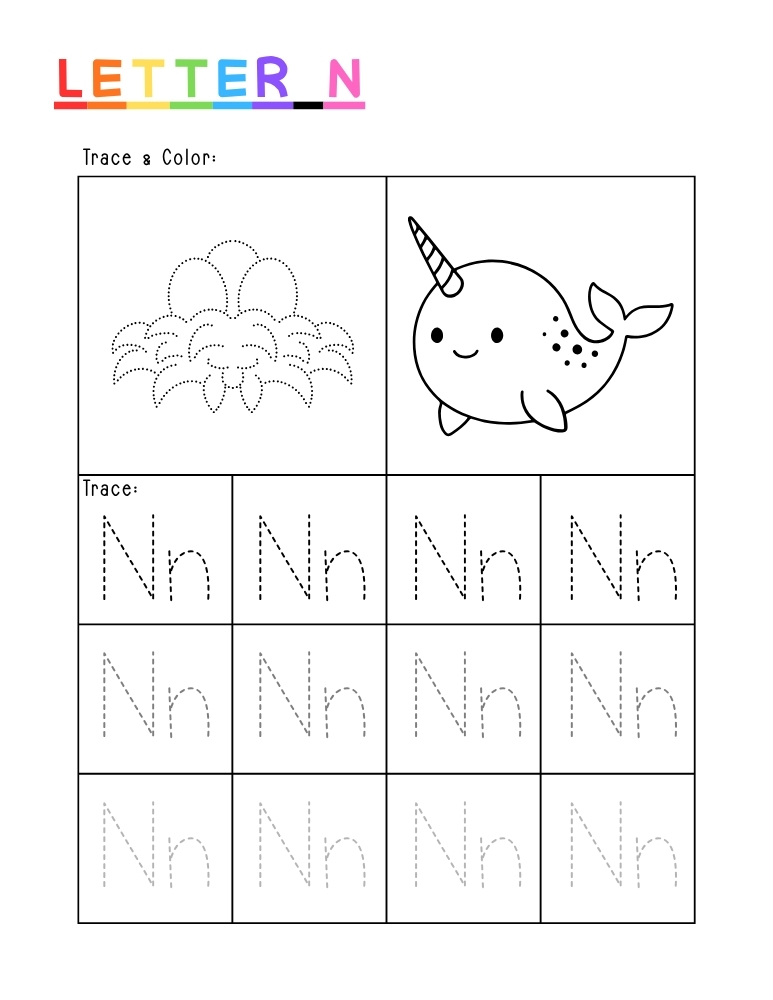 letter N tracing worksheet, education printable, PDF, instant download, kids