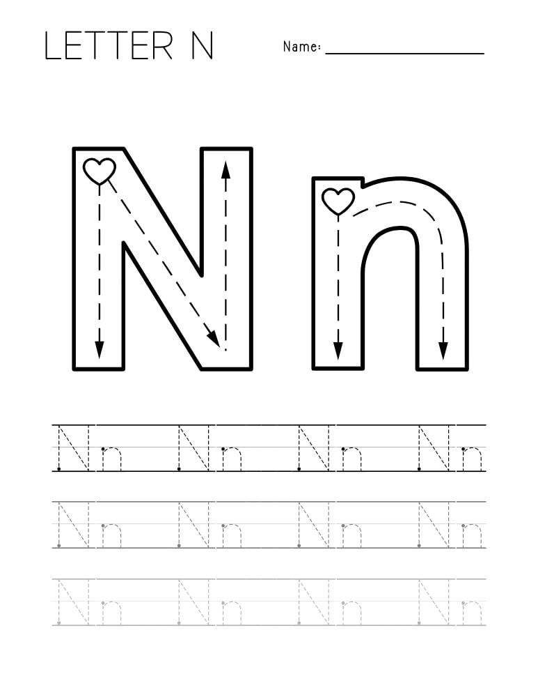 letter N tracing worksheet, education printable, PDF, instant download, kids