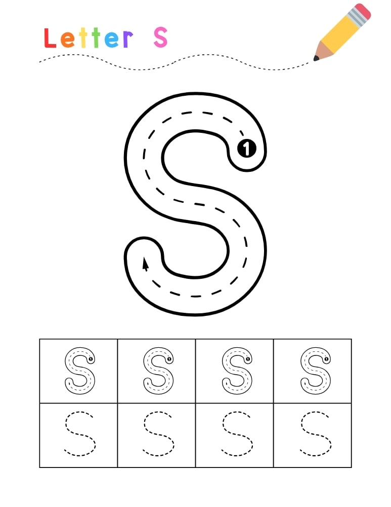 letter S tracing worksheet, education printable, PDF, instant download, kids