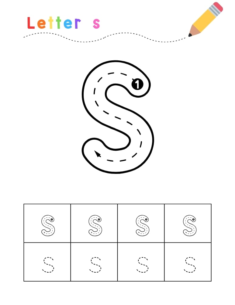 letter S tracing worksheet, education printable, PDF, instant download, kids