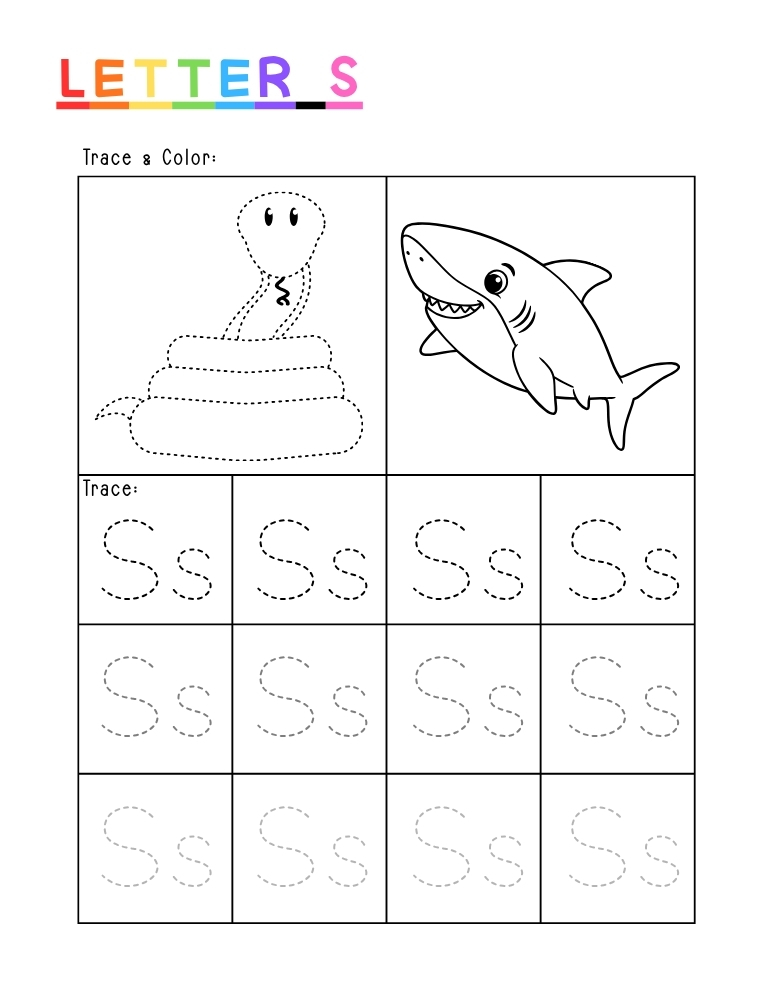 letter S tracing worksheet, education printable, PDF, instant download, kids