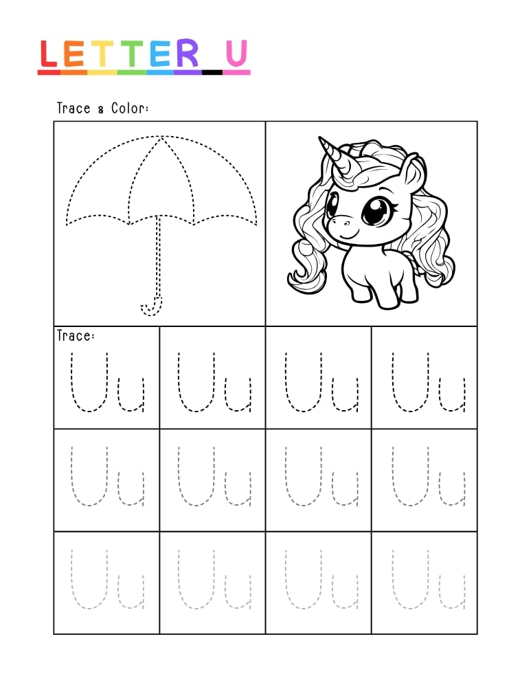 letter U tracing worksheet, education printable, PDF, instant download, kids