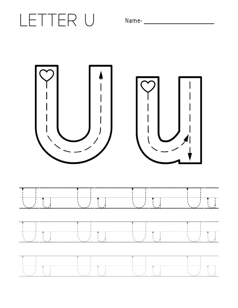 letter U tracing worksheet, education printable, PDF, instant download, kids