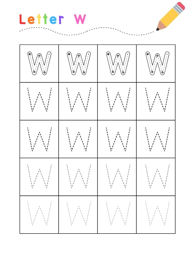 letter W tracing worksheet, education printable, PDF, instant download, kids