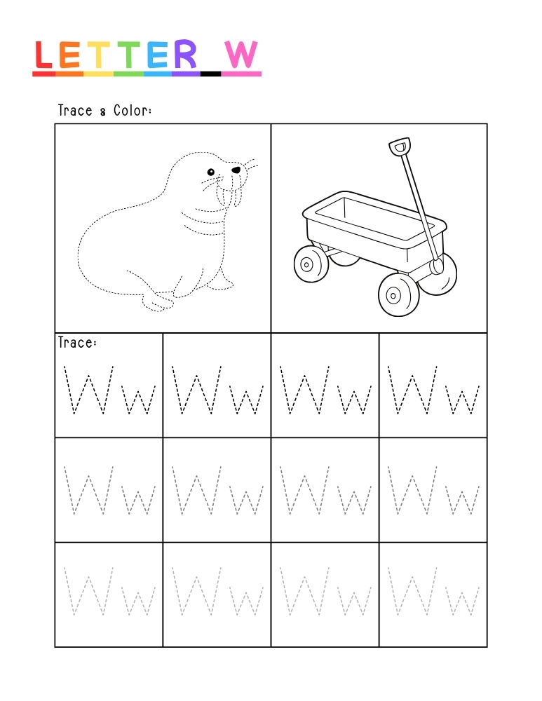 letter W tracing worksheet, education printable, PDF, instant download, kids