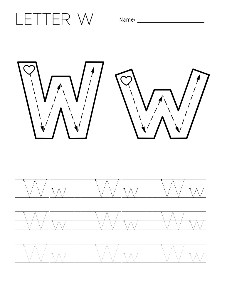 letter W tracing worksheet, education printable, PDF, instant download, kids