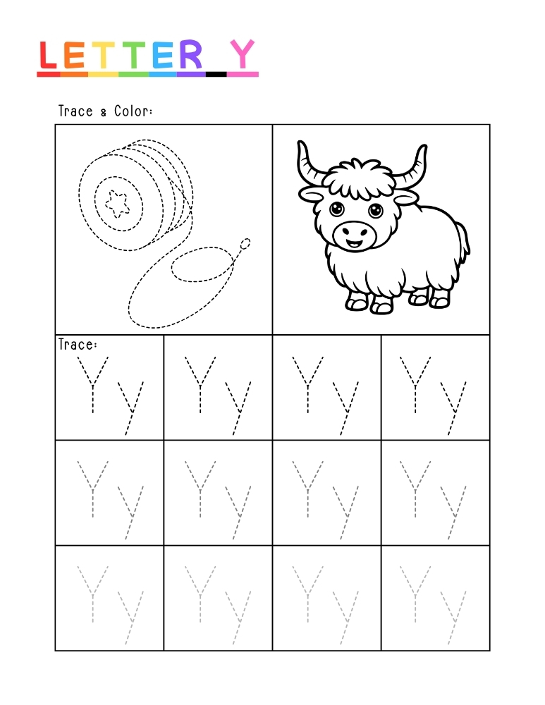 letter Y tracing worksheet, education printable, PDF, instant download, kids