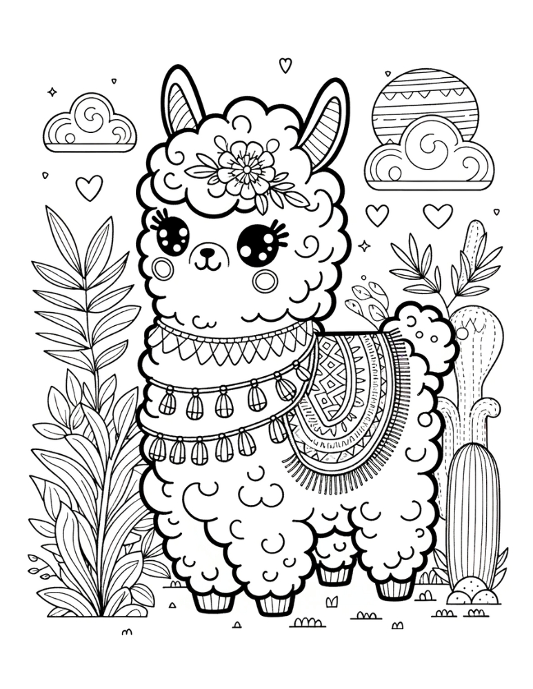 llama coloring page, PDF, instant download, kids