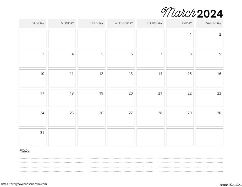 printable march 2024 calendar- sunday start