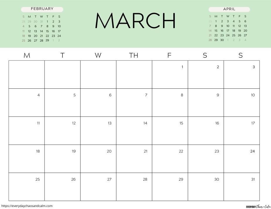 printable march 2024 calendar- monday start