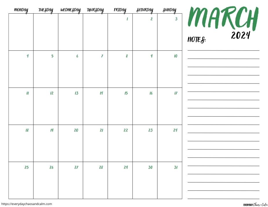 printable march 2024 calendar- monday start